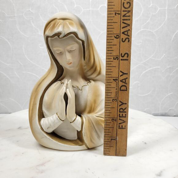 Vintage Praying Lady Head Planter, 7.5" Brown & White Ceramic Mother Virgin Vase - Picture 6 of 16